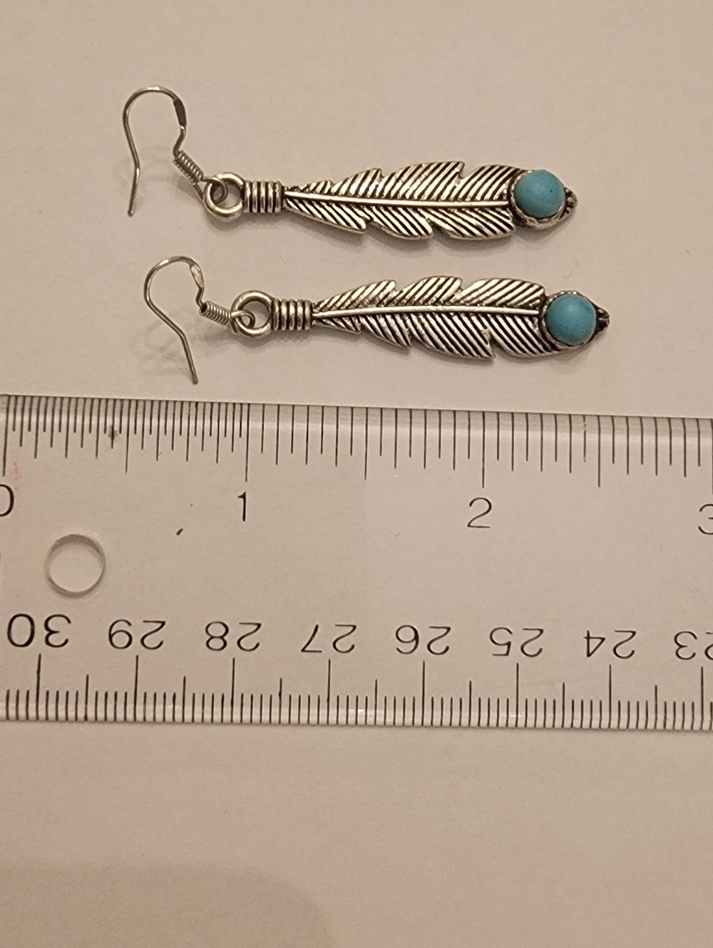 Silver Feather Drop Earrings with Turquoise Stone